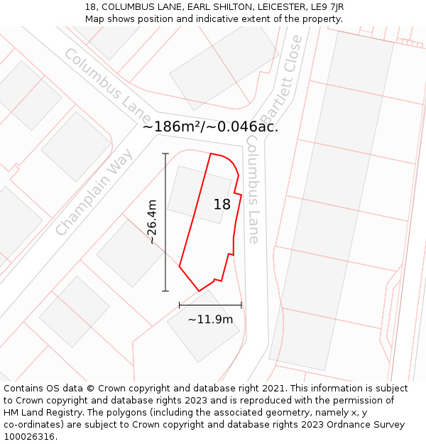 18, COLUMBUS LANE, EARL SHILTON, LEICESTER, LE9 7JR: Plot and title map