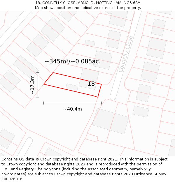 18, CONNELLY CLOSE, ARNOLD, NOTTINGHAM, NG5 6RA: Plot and title map