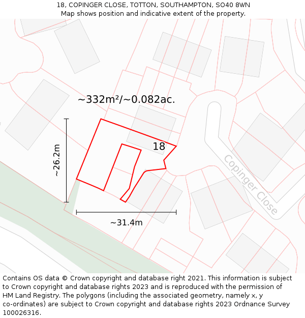 18, COPINGER CLOSE, TOTTON, SOUTHAMPTON, SO40 8WN: Plot and title map