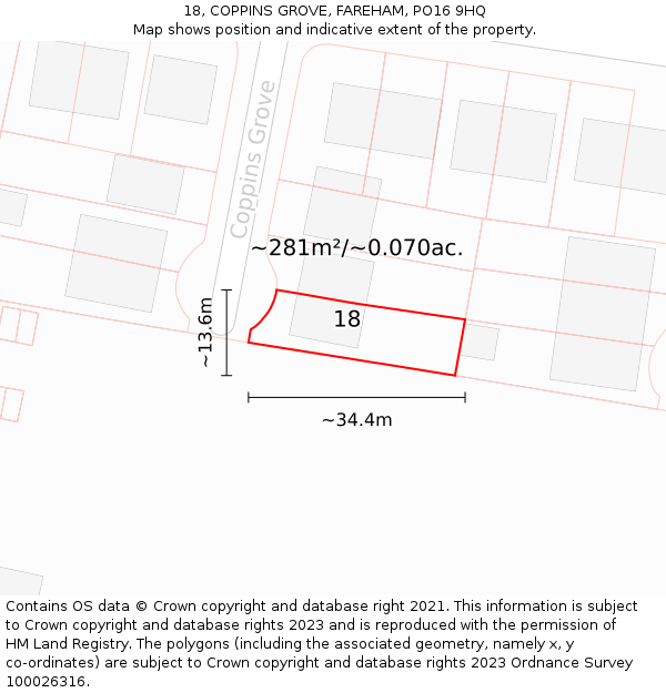 18, COPPINS GROVE, FAREHAM, PO16 9HQ: Plot and title map