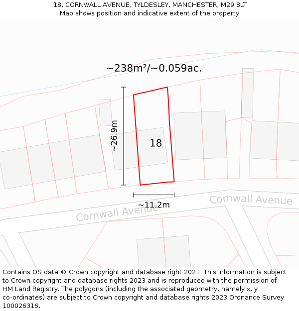 18, CORNWALL AVENUE, TYLDESLEY, MANCHESTER, M29 8LT: Plot and title map