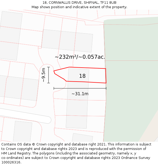 18, CORNWALLIS DRIVE, SHIFNAL, TF11 8UB: Plot and title map