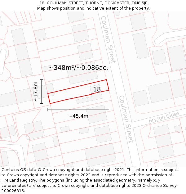 18, COULMAN STREET, THORNE, DONCASTER, DN8 5JR: Plot and title map