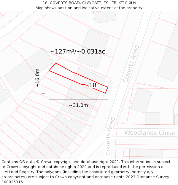 18, COVERTS ROAD, CLAYGATE, ESHER, KT10 0LN: Plot and title map