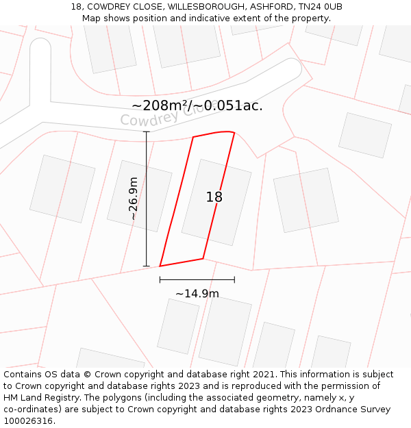 18, COWDREY CLOSE, WILLESBOROUGH, ASHFORD, TN24 0UB: Plot and title map