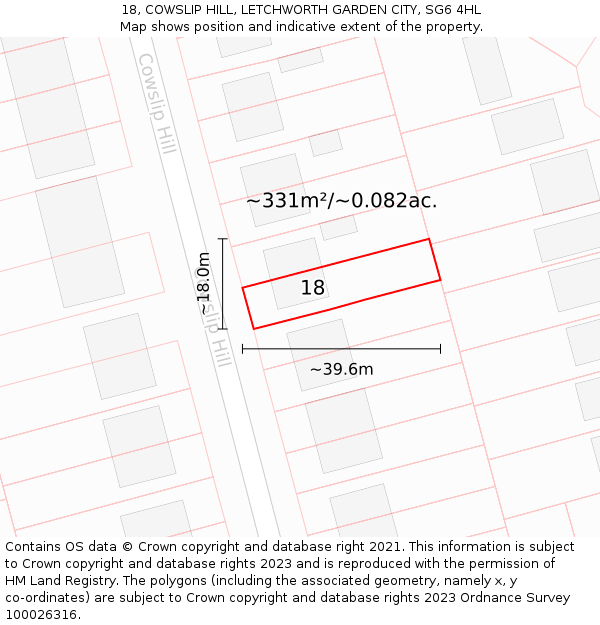 18, COWSLIP HILL, LETCHWORTH GARDEN CITY, SG6 4HL: Plot and title map