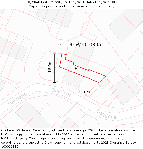 18, CRABAPPLE CLOSE, TOTTON, SOUTHAMPTON, SO40 8FY: Plot and title map