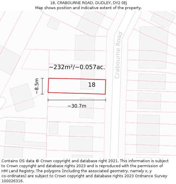 18, CRABOURNE ROAD, DUDLEY, DY2 0EJ: Plot and title map