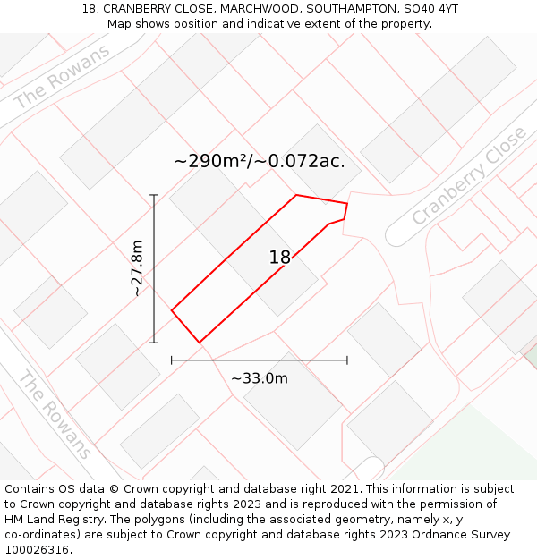 18, CRANBERRY CLOSE, MARCHWOOD, SOUTHAMPTON, SO40 4YT: Plot and title map