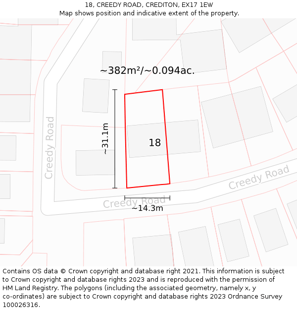 18, CREEDY ROAD, CREDITON, EX17 1EW: Plot and title map