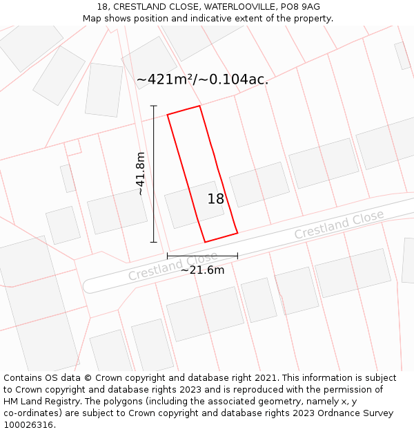 18, CRESTLAND CLOSE, WATERLOOVILLE, PO8 9AG: Plot and title map