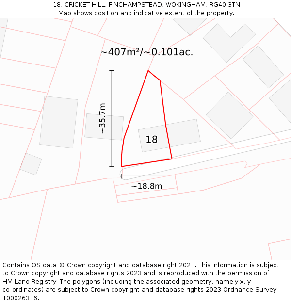 18, CRICKET HILL, FINCHAMPSTEAD, WOKINGHAM, RG40 3TN: Plot and title map