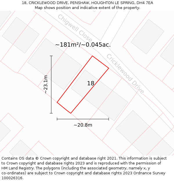 18, CRICKLEWOOD DRIVE, PENSHAW, HOUGHTON LE SPRING, DH4 7EA: Plot and title map