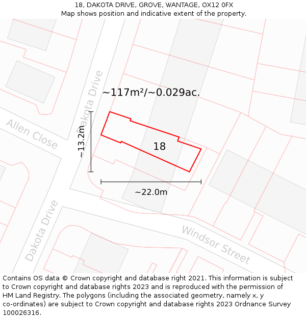 18, DAKOTA DRIVE, GROVE, WANTAGE, OX12 0FX: Plot and title map