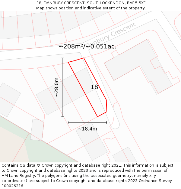 18, DANBURY CRESCENT, SOUTH OCKENDON, RM15 5XF: Plot and title map