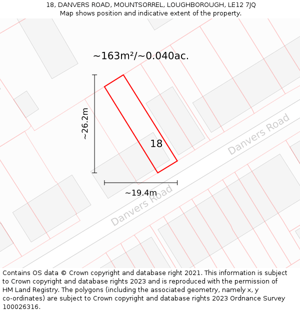 18, DANVERS ROAD, MOUNTSORREL, LOUGHBOROUGH, LE12 7JQ: Plot and title map