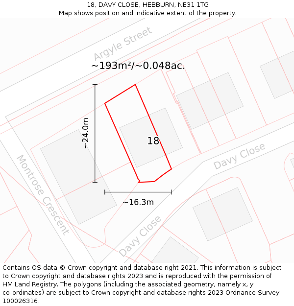 18, DAVY CLOSE, HEBBURN, NE31 1TG: Plot and title map