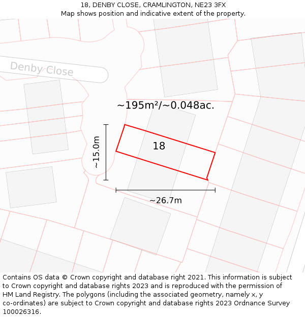 18, DENBY CLOSE, CRAMLINGTON, NE23 3FX: Plot and title map