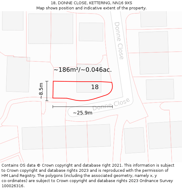 18, DONNE CLOSE, KETTERING, NN16 9XS: Plot and title map