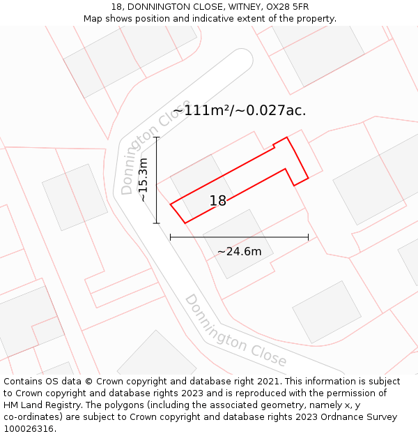 18, DONNINGTON CLOSE, WITNEY, OX28 5FR: Plot and title map