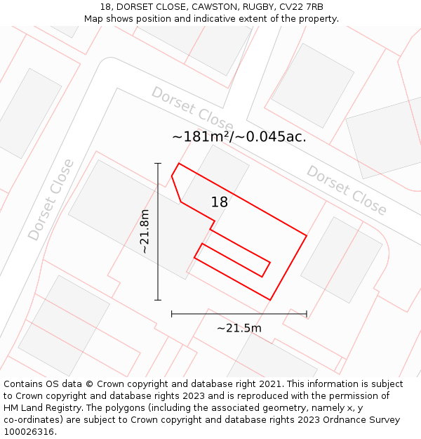 18, DORSET CLOSE, CAWSTON, RUGBY, CV22 7RB: Plot and title map