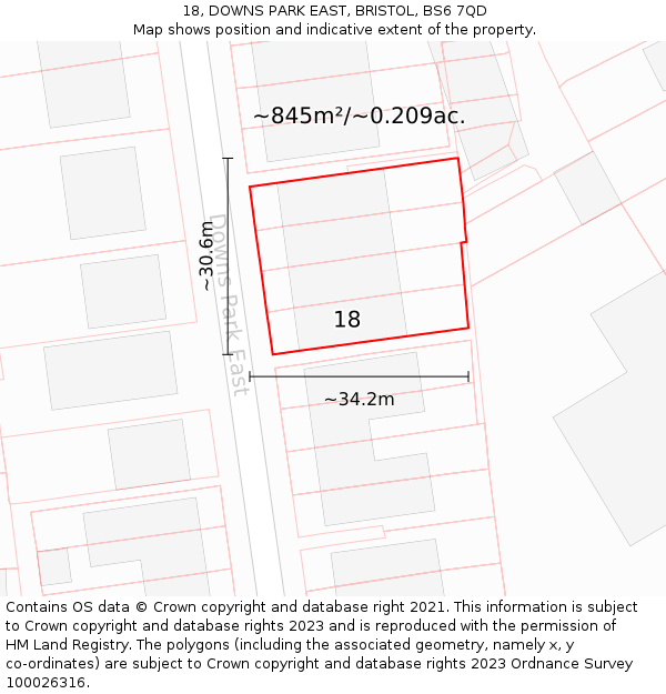 18, DOWNS PARK EAST, BRISTOL, BS6 7QD: Plot and title map