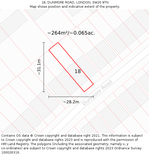 18, DUNMORE ROAD, LONDON, SW20 8TN: Plot and title map