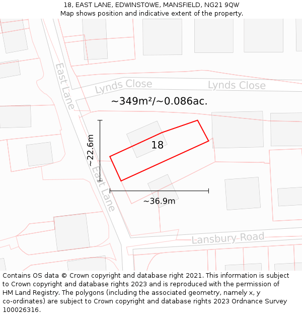 18, EAST LANE, EDWINSTOWE, MANSFIELD, NG21 9QW: Plot and title map