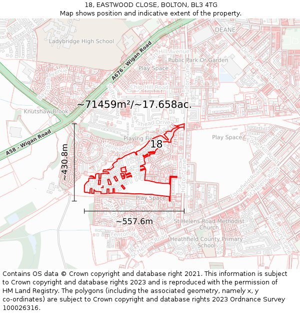 18, EASTWOOD CLOSE, BOLTON, BL3 4TG: Plot and title map