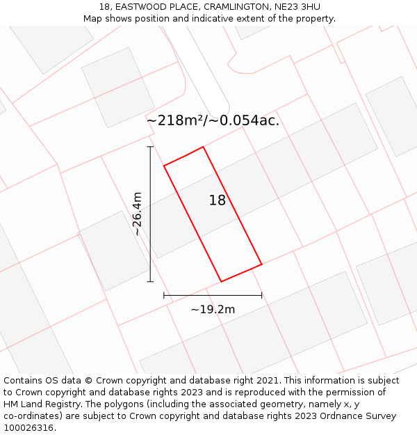 18, EASTWOOD PLACE, CRAMLINGTON, NE23 3HU: Plot and title map