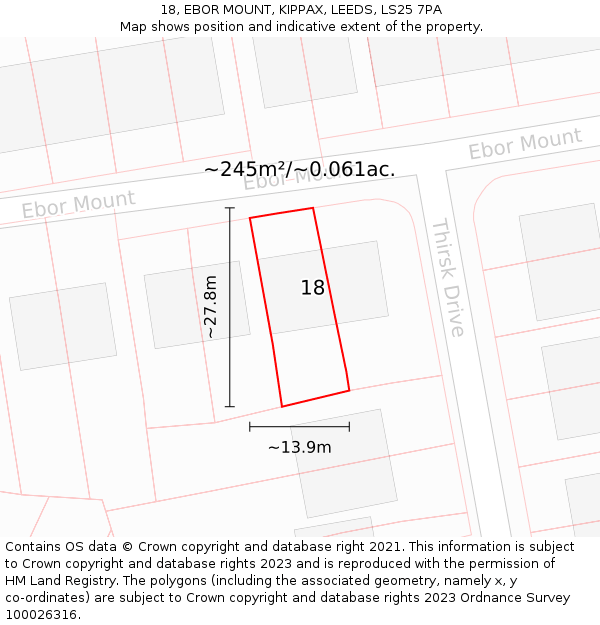18, EBOR MOUNT, KIPPAX, LEEDS, LS25 7PA: Plot and title map