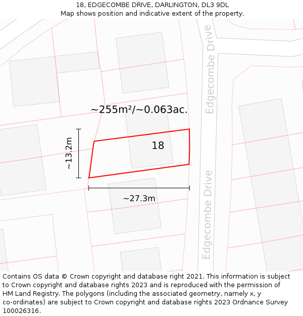 18, EDGECOMBE DRIVE, DARLINGTON, DL3 9DL: Plot and title map