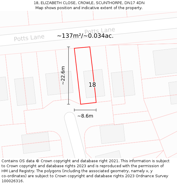 18, ELIZABETH CLOSE, CROWLE, SCUNTHORPE, DN17 4DN: Plot and title map