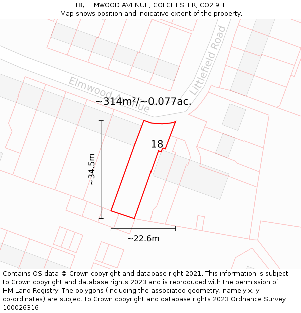 18, ELMWOOD AVENUE, COLCHESTER, CO2 9HT: Plot and title map