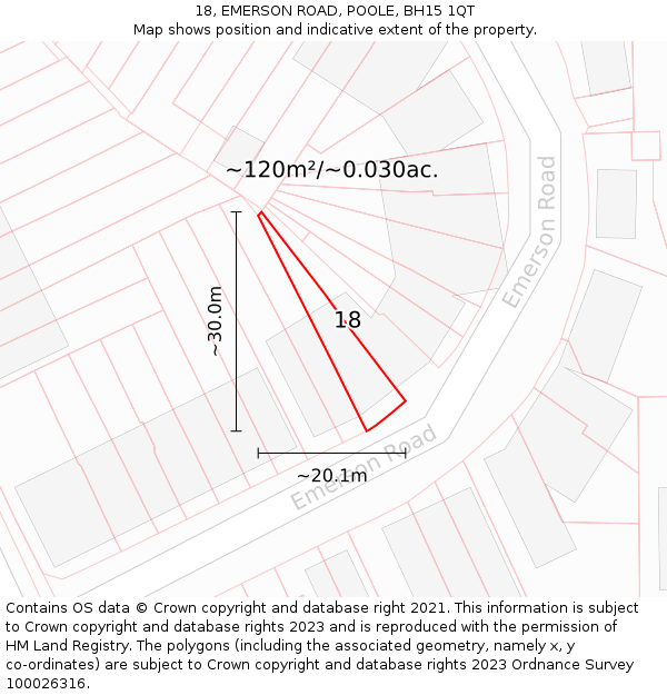 18, EMERSON ROAD, POOLE, BH15 1QT: Plot and title map
