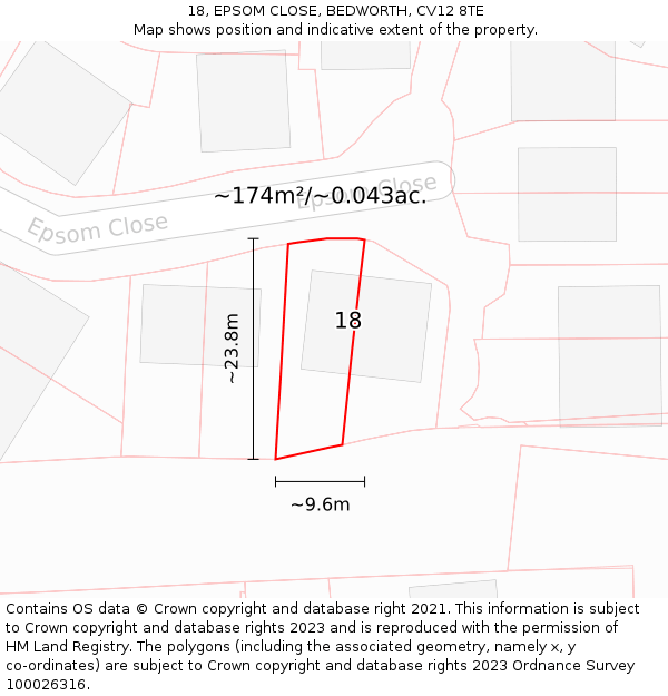 18, EPSOM CLOSE, BEDWORTH, CV12 8TE: Plot and title map