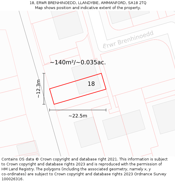 18, ERWR BRENHINOEDD, LLANDYBIE, AMMANFORD, SA18 2TQ: Plot and title map