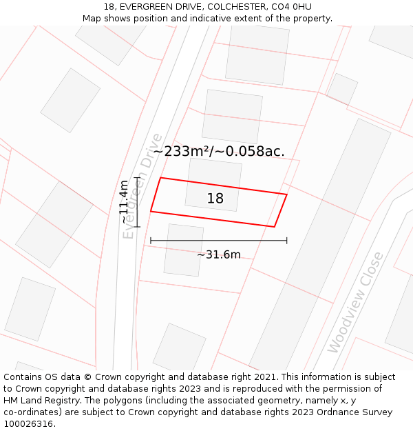 18, EVERGREEN DRIVE, COLCHESTER, CO4 0HU: Plot and title map