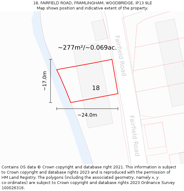 18, FAIRFIELD ROAD, FRAMLINGHAM, WOODBRIDGE, IP13 9LE: Plot and title map