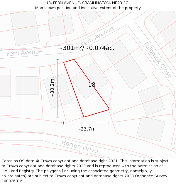 18, FERN AVENUE, CRAMLINGTON, NE23 3GL: Plot and title map