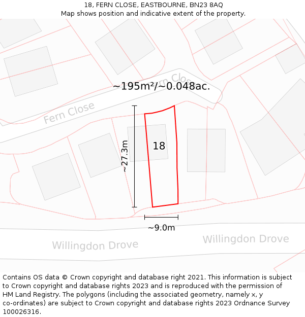 18, FERN CLOSE, EASTBOURNE, BN23 8AQ: Plot and title map