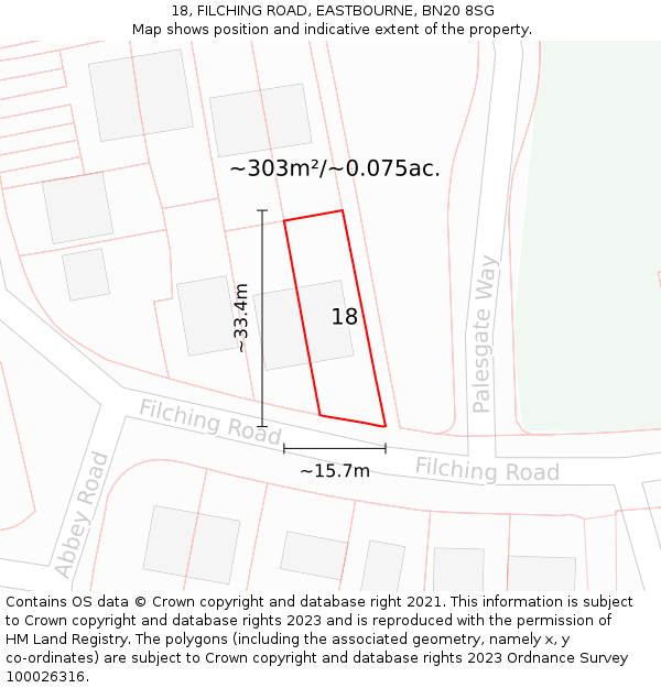 18, FILCHING ROAD, EASTBOURNE, BN20 8SG: Plot and title map