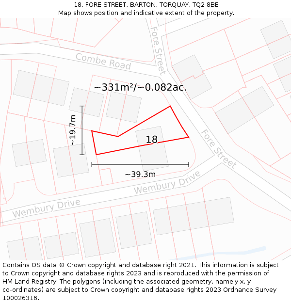 18, FORE STREET, BARTON, TORQUAY, TQ2 8BE: Plot and title map