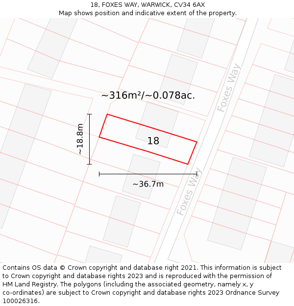 18, FOXES WAY, WARWICK, CV34 6AX: Plot and title map