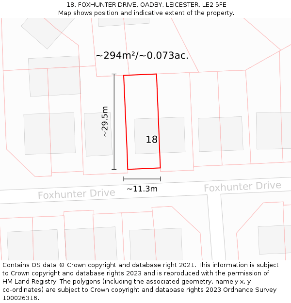 18, FOXHUNTER DRIVE, OADBY, LEICESTER, LE2 5FE: Plot and title map