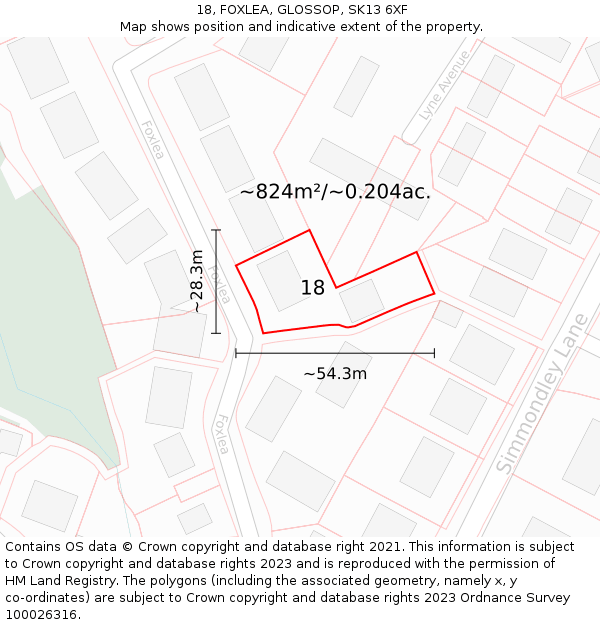 18, FOXLEA, GLOSSOP, SK13 6XF: Plot and title map