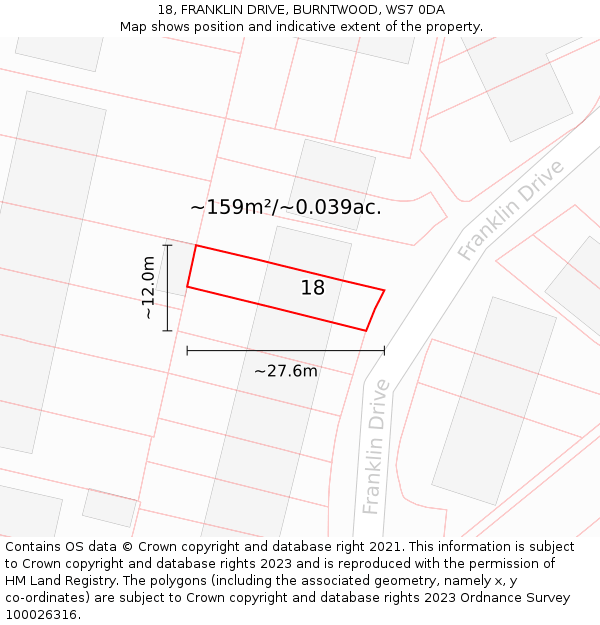 18, FRANKLIN DRIVE, BURNTWOOD, WS7 0DA: Plot and title map