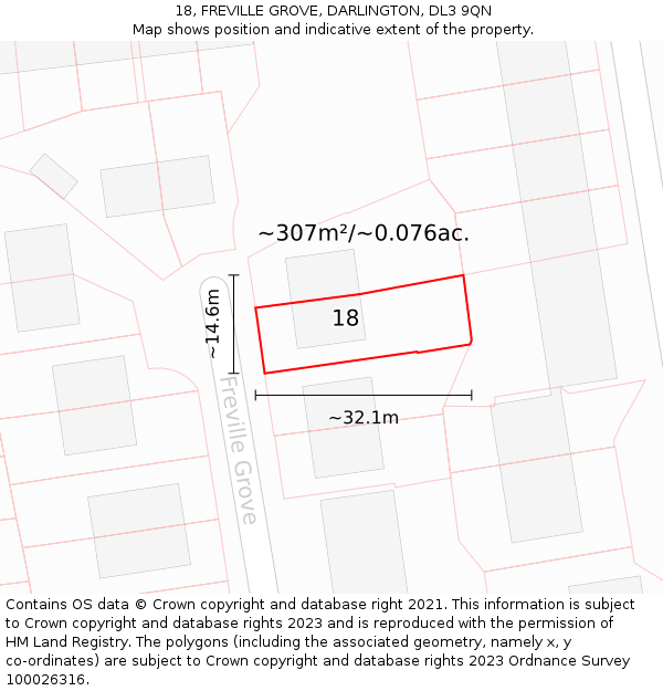 18, FREVILLE GROVE, DARLINGTON, DL3 9QN: Plot and title map