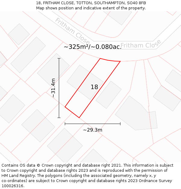 18, FRITHAM CLOSE, TOTTON, SOUTHAMPTON, SO40 8FB: Plot and title map