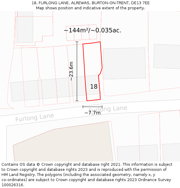 18, FURLONG LANE, ALREWAS, BURTON-ON-TRENT, DE13 7EE: Plot and title map